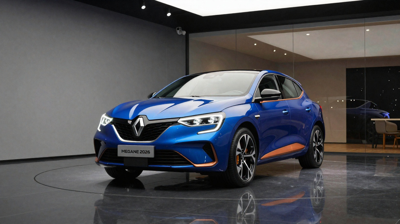 Carro azul Renault Megane 2026 exibido em ambiente moderno e iluminado, refletindo no piso escuro.