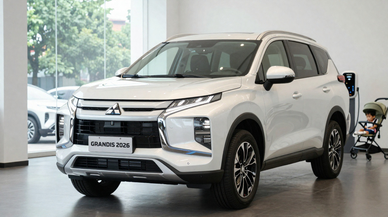 SUV branco Mitsubishi Grandis 2026 exposto em showroom com carrinho de bebê ao fundo.
