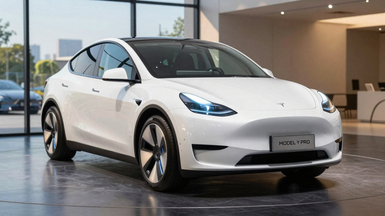 Carro elétrico branco Tesla Model Y Pro exibido em showroom moderno com iluminação natural e ambiente interno.