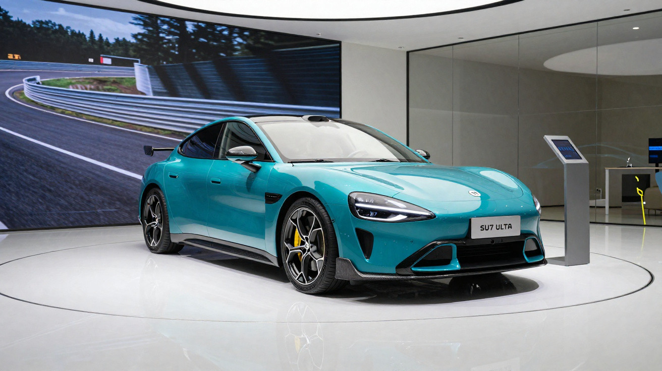 Carro elétrico esportivo azul em exposição dentro de showroom moderno com tela ao fundo.