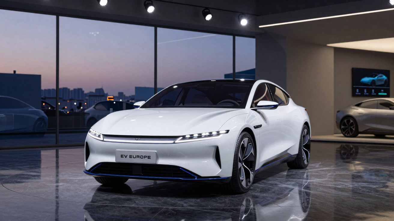 Carro elétrico branco EV Europe em showroom moderno com piso espelhado e iluminação interna.