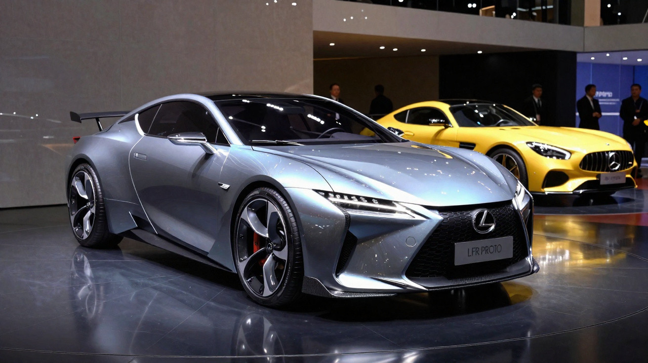 Carro esportivo cinza Lexus LFR Proto exibido em estande, com um Mercedes amarelo ao fundo.