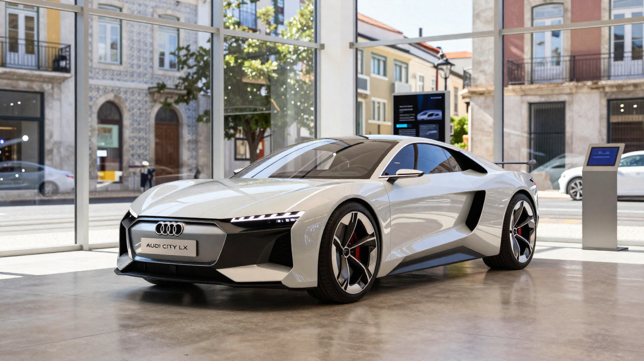 Carro esportivo elétrico Audi City LX branco em exposição dentro de showroom moderno com vidro.