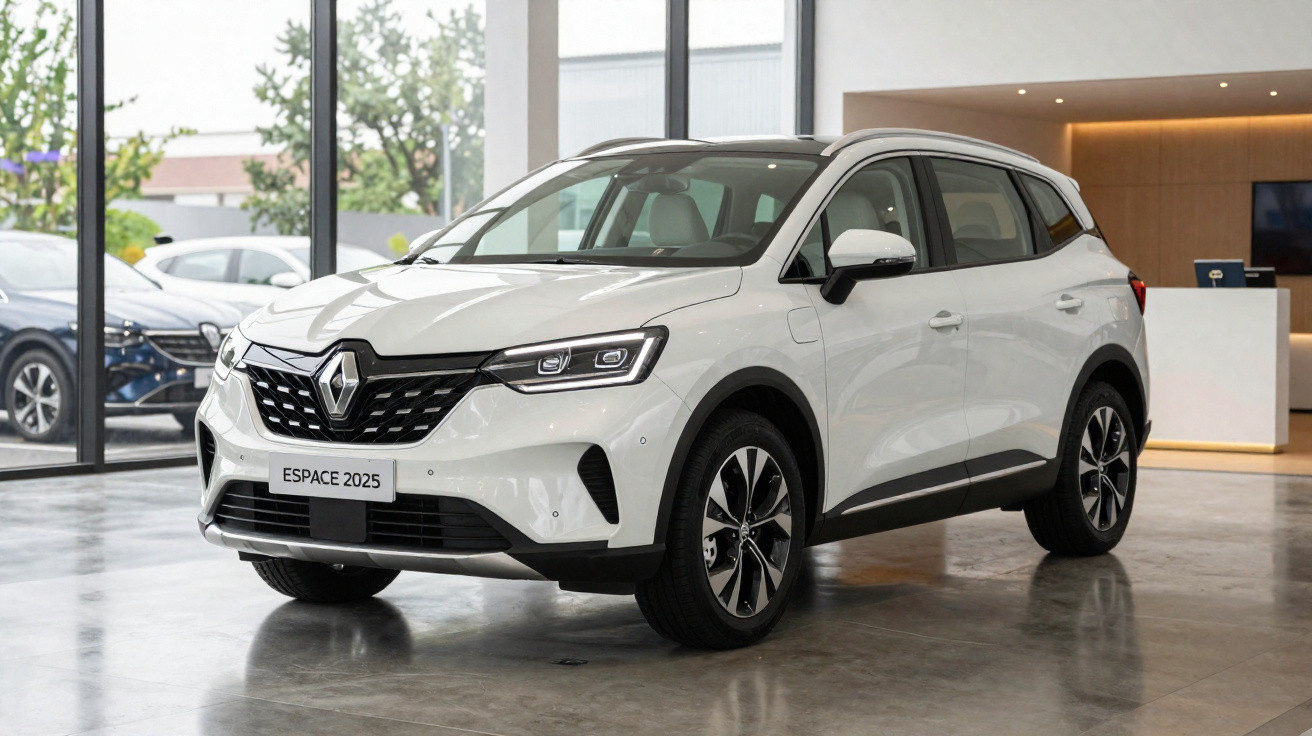 Carro SUV Renault Espace 2025 branco exposto em showroom moderno com piso cinza e grandes janelas.