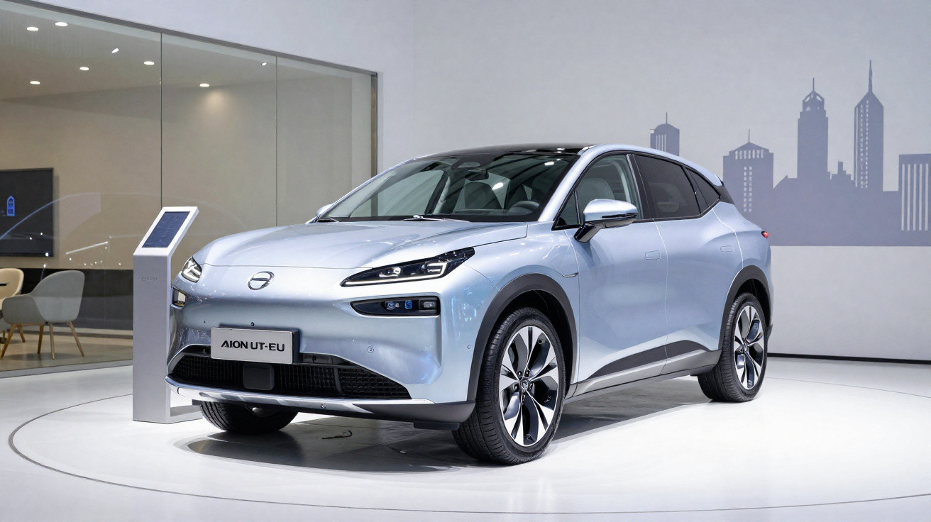 Carro elétrico Aion UT-EU prata exposto em ambiente interno moderno com detalhes urbanos ao fundo.