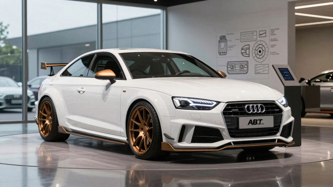 Carro branco Audi ABT esportivo com rodas douradas exposto em showroom moderno.