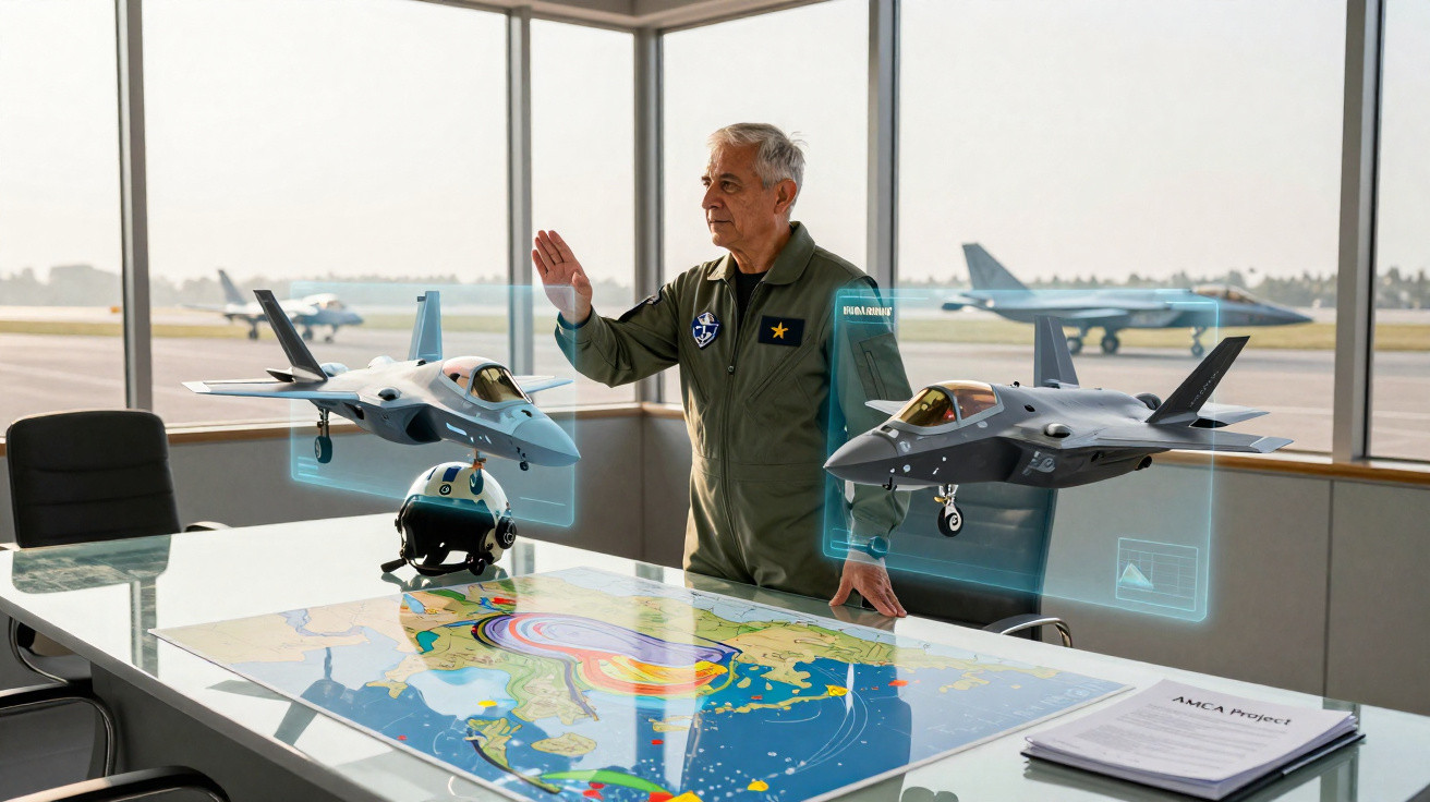 Homem em uniforme militar interage com hologramas de aviões de caça sobre mesa com mapa estratégico.