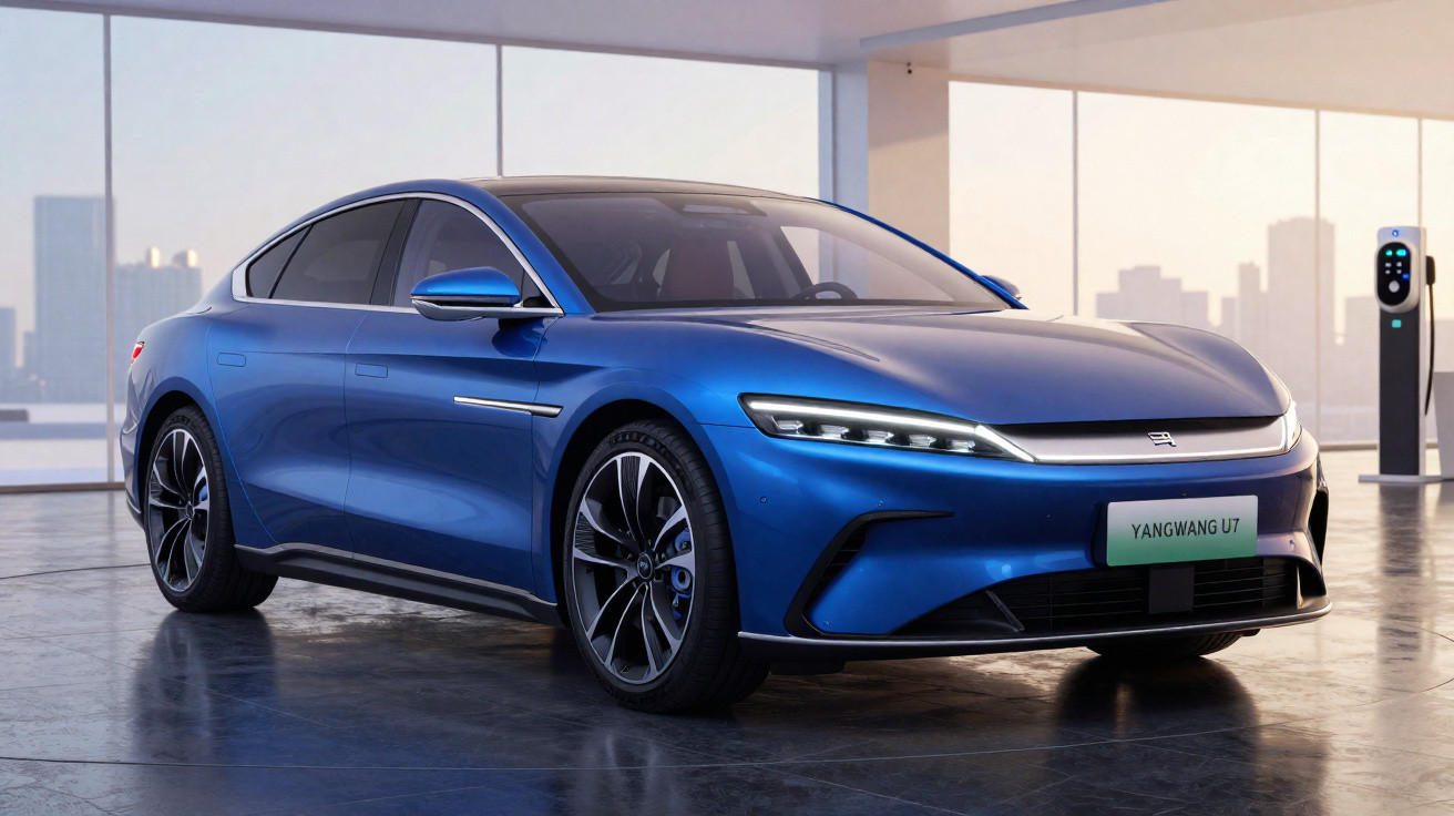 Carro elétrico azul Yangwang U7 estacionado em ambiente interno moderno com carregador na parede ao fundo.