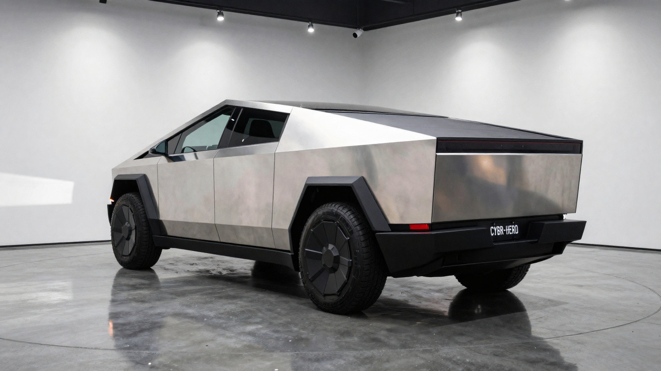 Carro elétrico Tesla Cybertruck com design angular em exposição em ambiente interno com piso refletivo.