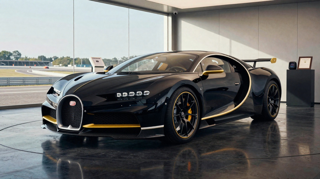 Bugatti Chiron preto com detalhes dourados exibido em showroom moderno com grandes janelas vidro.