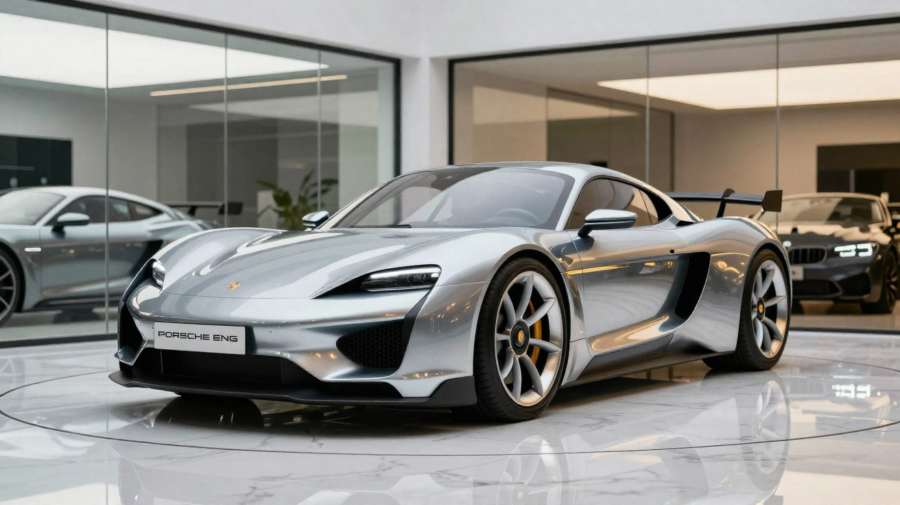 Carro esportivo prata da Porsche em showroom moderno com piso brilhante e outros carros ao fundo.