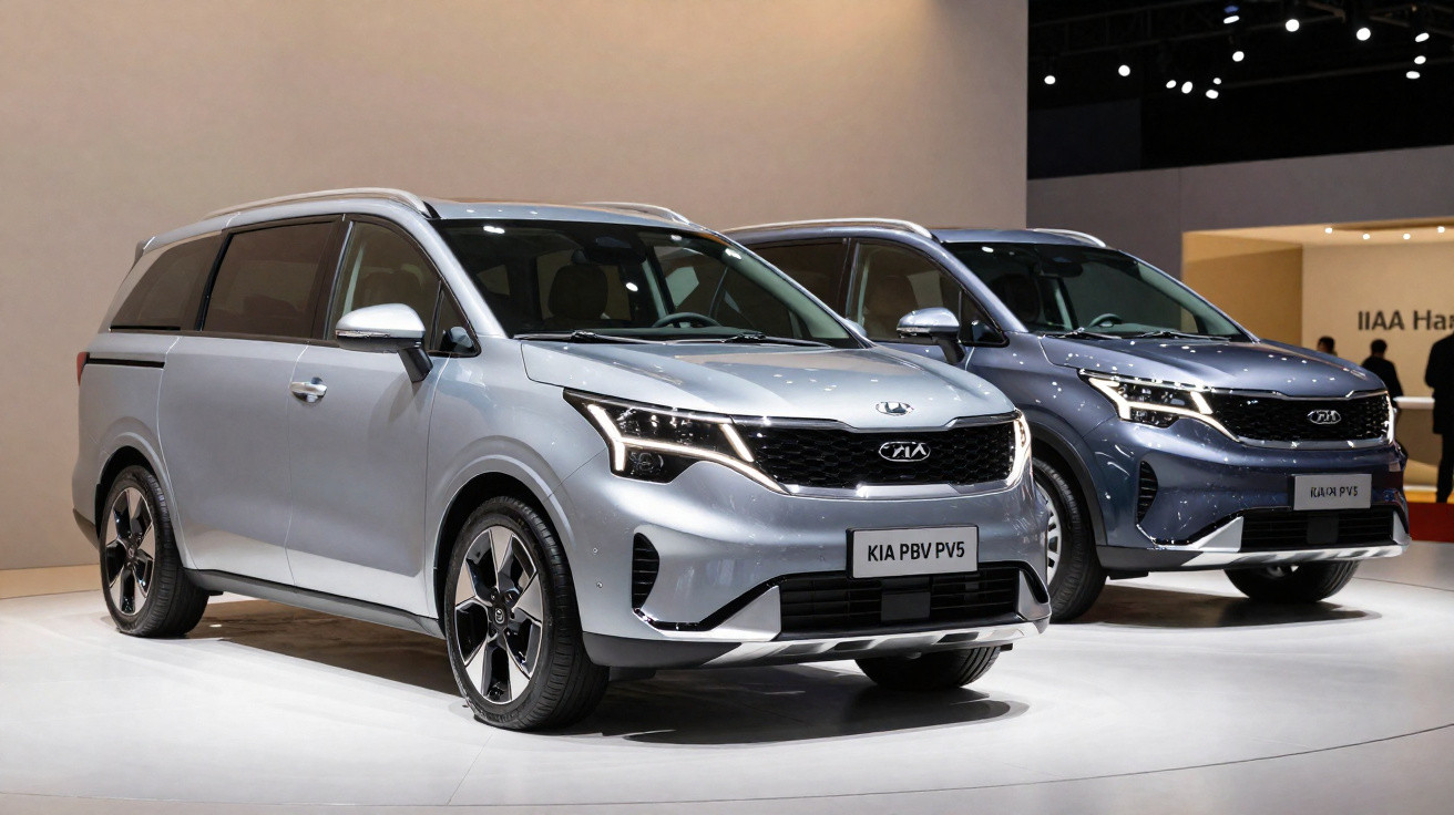 Dois carros Kia PBV PV5 em exibição em um salão automotivo, um prata e outro azul.
