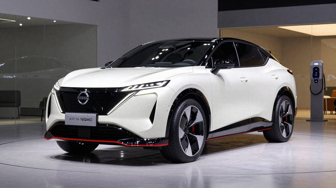 Carro Nissan Ariya Nismo branco exibido em ambiente interno moderno, com detalhes em preto e vermelho.