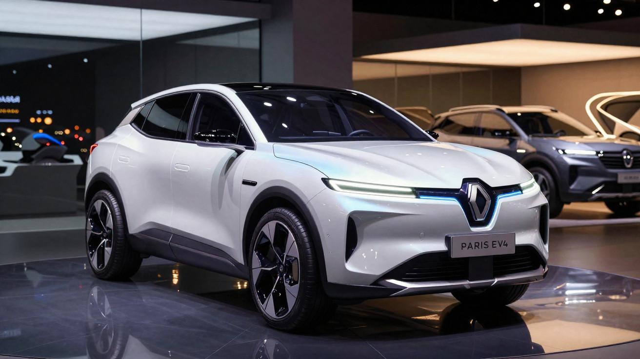 Carro elétrico Renault Paris EV4 branco exibido em salão de automóveis moderno e iluminado.