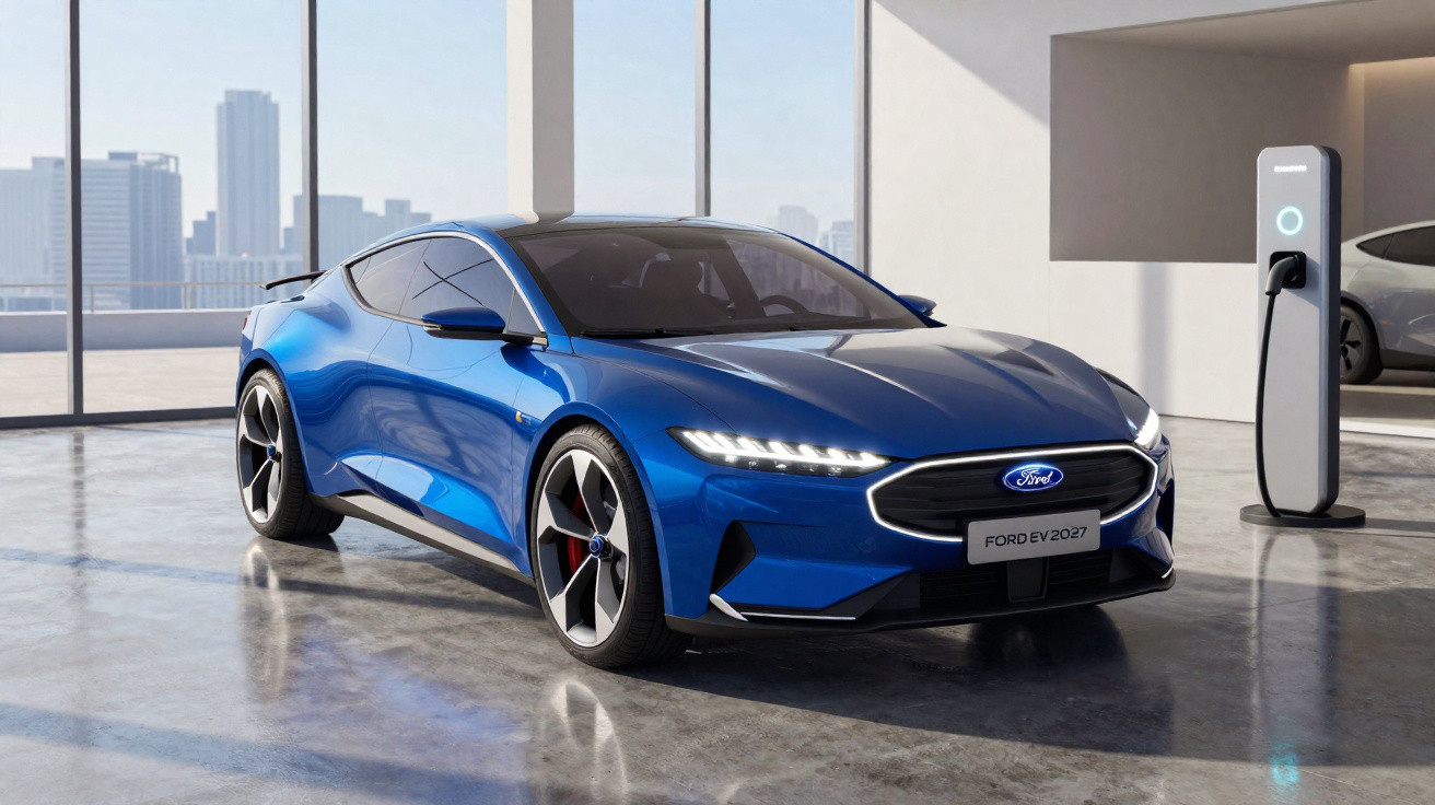Carro elétrico esportivo azul Ford EV 2027 em carregador dentro de garagem com janela para cidade.
