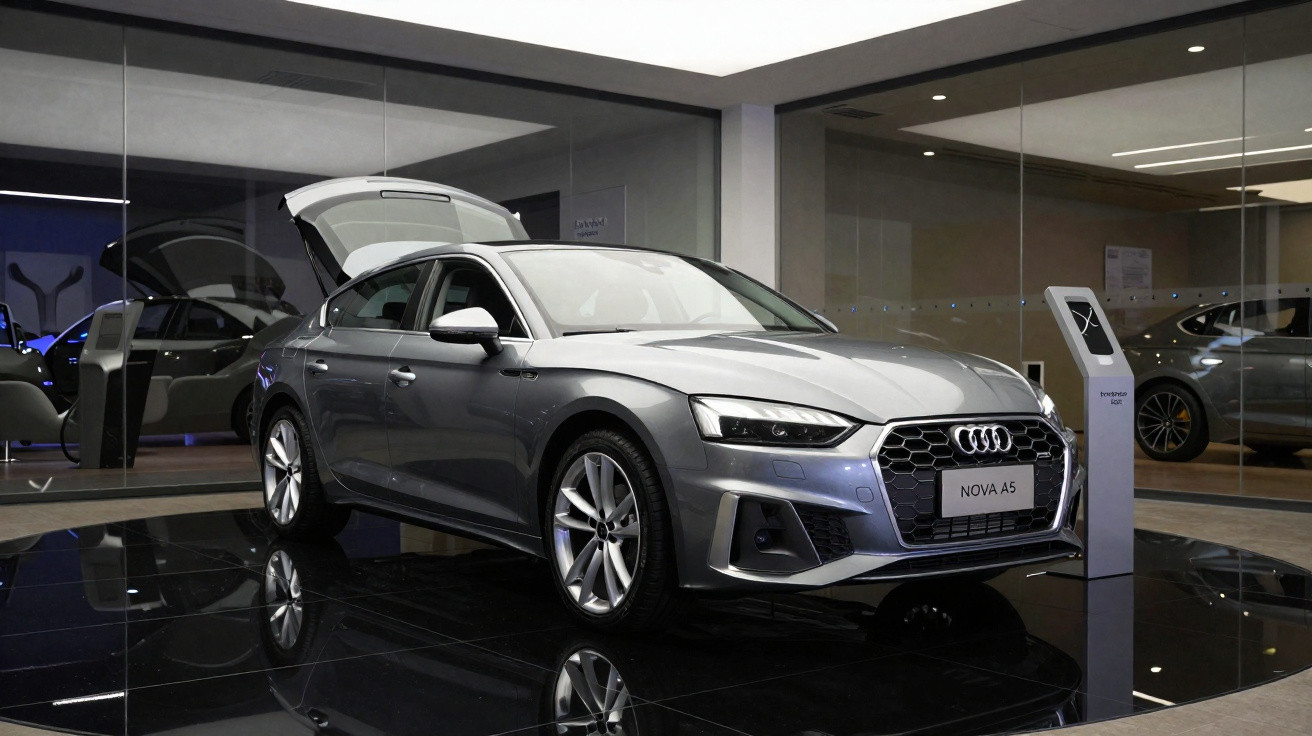 Carro Audi A5 prata exposto em showroom moderno com porta traseira aberta e piso refletivo.