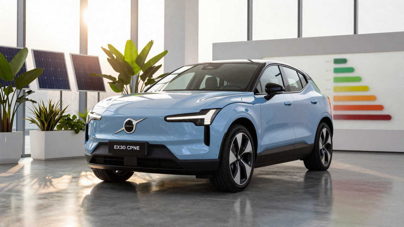Carro elétrico azul Volvo EX30 CPNE exibido em ambiente moderno com painéis solares e plantas.