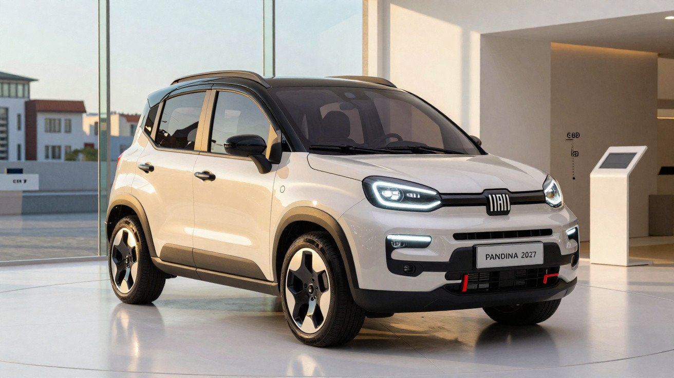 Carro compacto Fiat Panda 2027 branco com teto preto em ambiente interno bem iluminado.