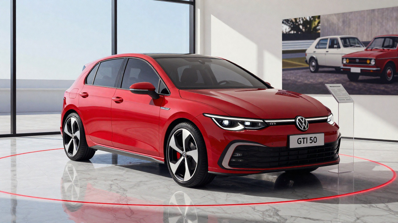 Carro Volkswagen GTI 50 vermelho exibido em salão moderno com piso de mármore e janela ampla.