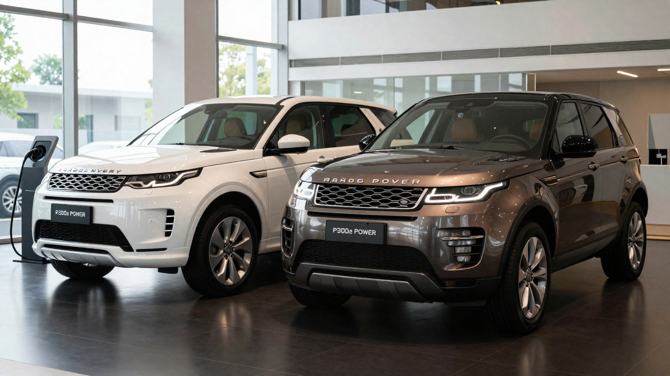 Dois SUVs Range Rover P300e Power, um branco e um cinza, em showroom moderno com piso preto.