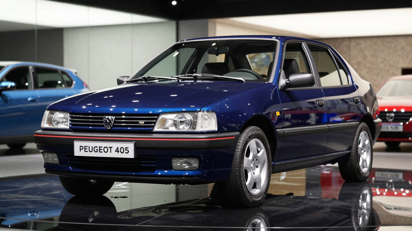 Carro azul Peugeot 405 exibido em salão com reflexo no piso preto brilhante.