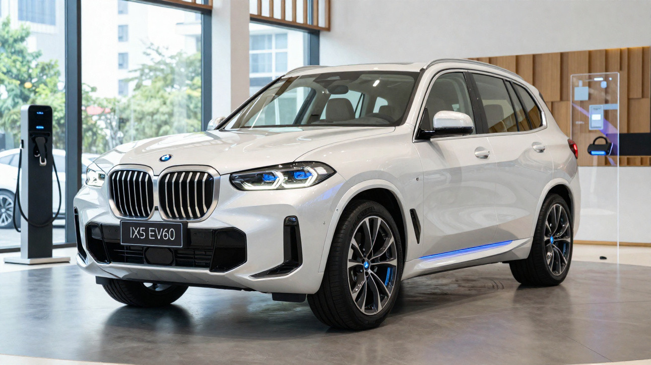 SUV elétrico BMW IX5 EV60 branco estacionado em showroom moderno com estação de recarga.