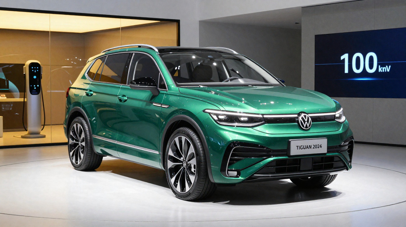 SUV Volkswagen Tiguan 2024 verde em exposição, com estação de recarga elétrica ao fundo.