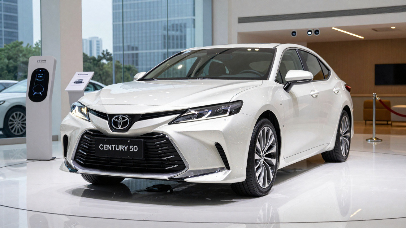 Carro branco Toyota Century 50 exposto em ambiente interno com piso branco e carregador elétrico ao lado.
