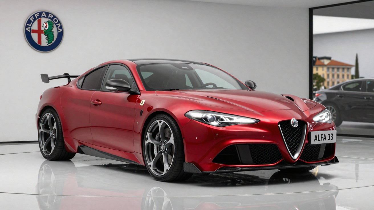 Carro esportivo Alfa Romeo vermelho modelo Alfa 33 em ambiente interno com logotipo Alfa Romeo na parede.