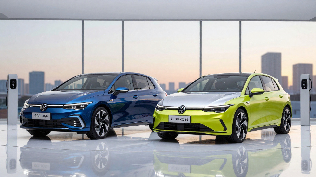 Dois carros elétricos Volkswagen, um azul e outro verde, estacionados em ambiente moderno com painéis grandes.