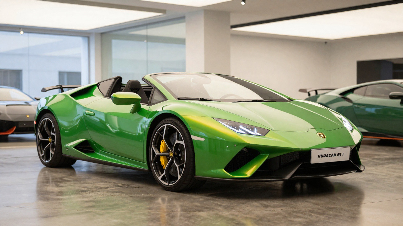 Carro esportivo conversível verde Lamborghini Huracán GT verde exibido em showroom moderno.