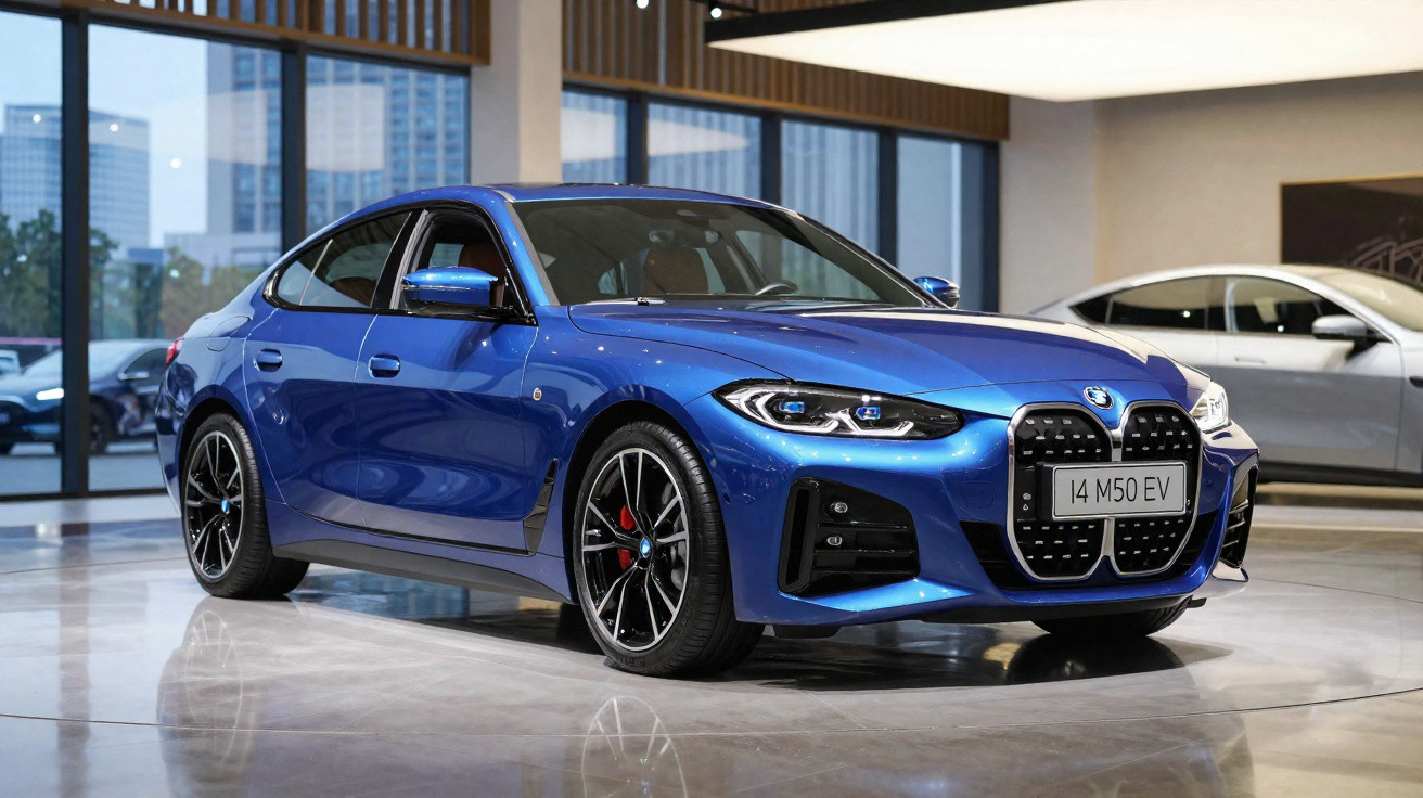 Carro BMW sedã esportivo azul em showroom moderno com vidros grandes ao fundo.