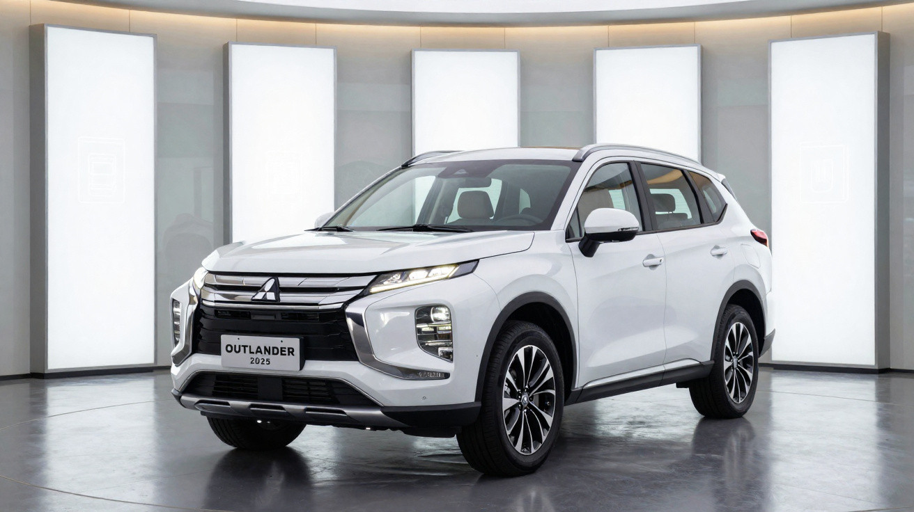 Carro SUV branco Mitsubishi Outlander 2025 exibido em ambiente moderno com luzes brancas ao fundo.