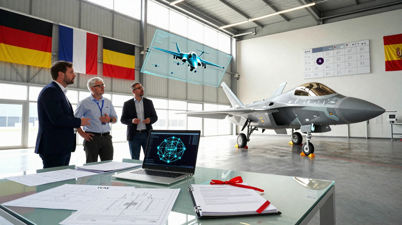 Três homens em terno analisam projeto de caça furtivo em hangar com laptop e documentos em mesa próxima.