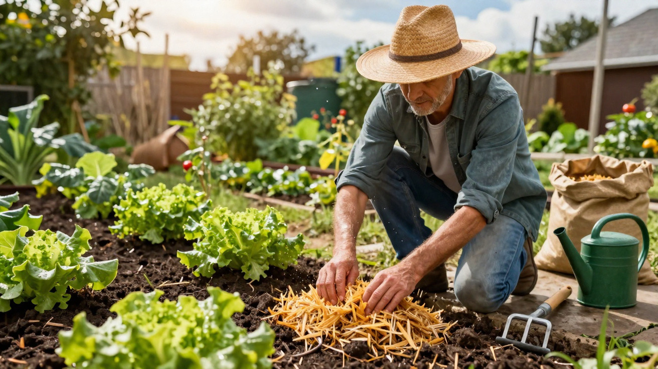 Homem com chapéu cuidando de horta, espalhando cobertura vegetal e rodeado de plantas verdes.