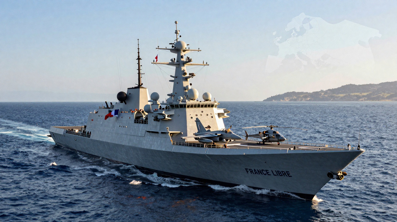 Navio de guerra francês "France Libre" navegando no mar com helicóptero e jato a bordo.
