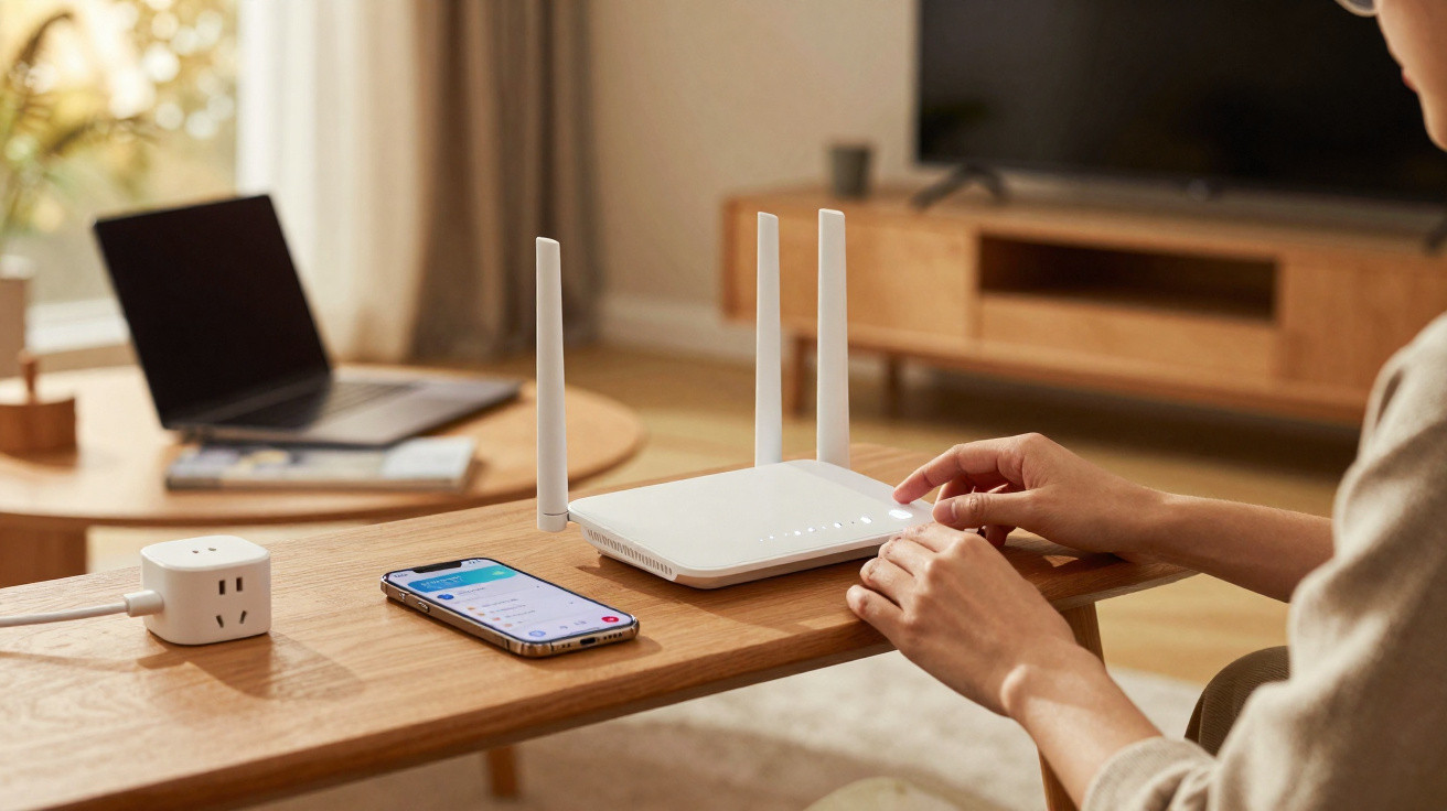 Pessoa ajustando roteador Wi-Fi branco em mesa de madeira com celular e laptop ao fundo.