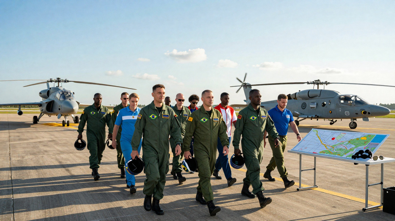 Militares brasileiros caminhando em pista de pouso com dois helicópteros cinzas ao fundo e mapa na mesa.