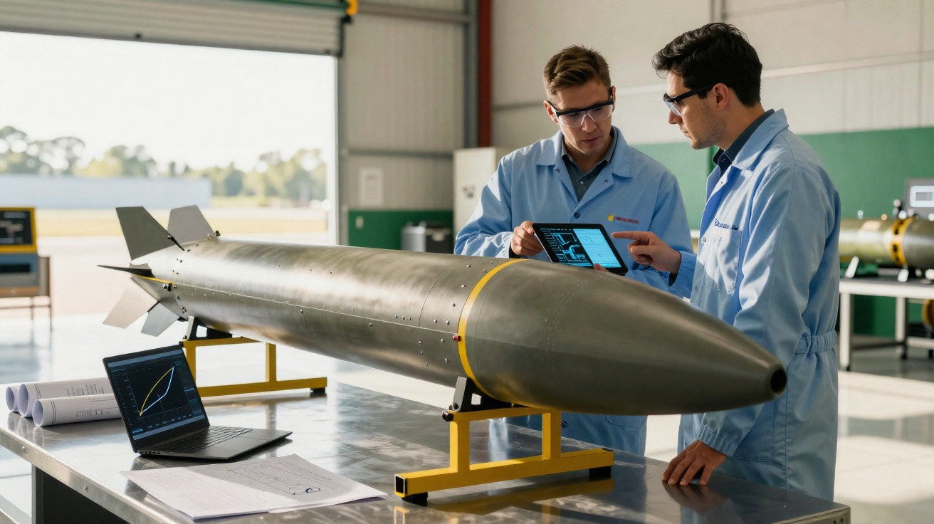 Dois engenheiros em laboratório analisam dados em tablet ao lado de dispositivo aerodinâmico metálico.