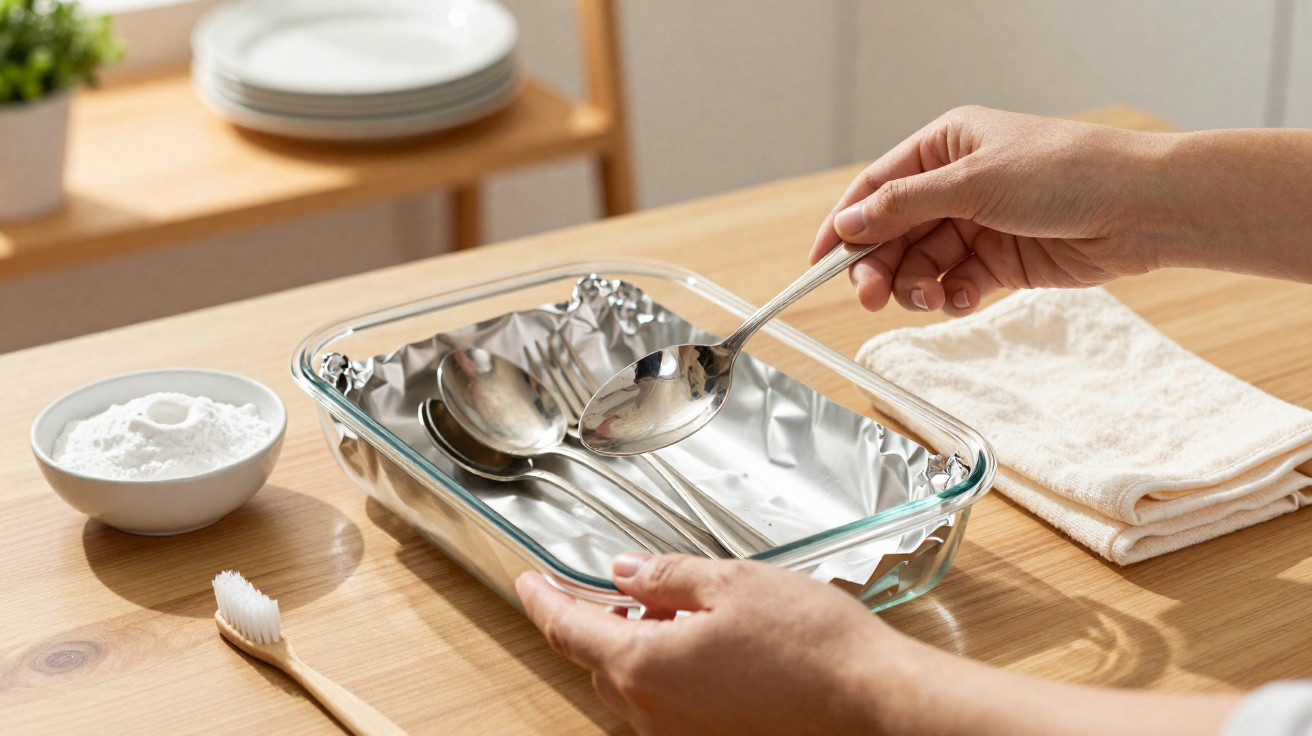 Mãos segurando colher metálica acima de forma de vidro com colheres, escovinha e bicarbonato em pote branco.