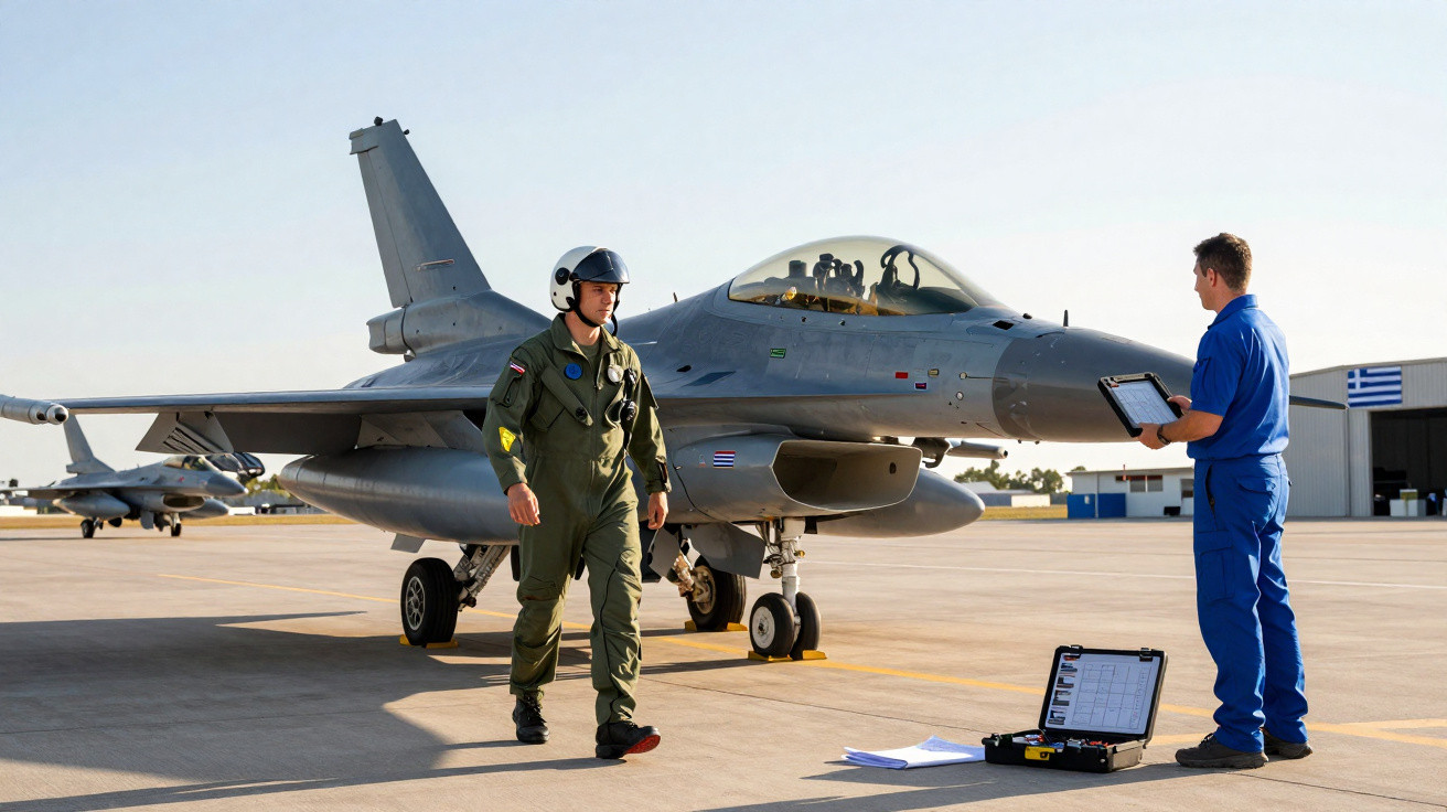 Piloto militar em uniforme verde caminha próximo a caça F-16 estacionado em pista, com técnico em azul segurando tablet.