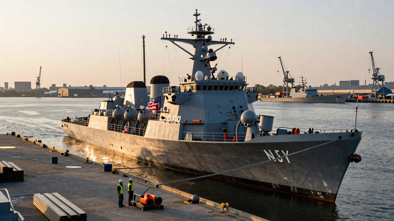 Navio de guerra atracado em porto, com dois trabalhadores na doca ao entardecer.