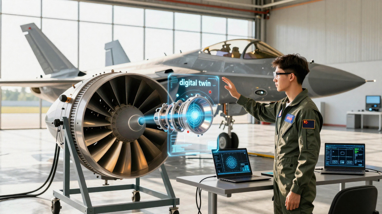 Engenheiro em uniforme interage com modelo digital de motor a jato em hangar com avião de combate ao fundo.