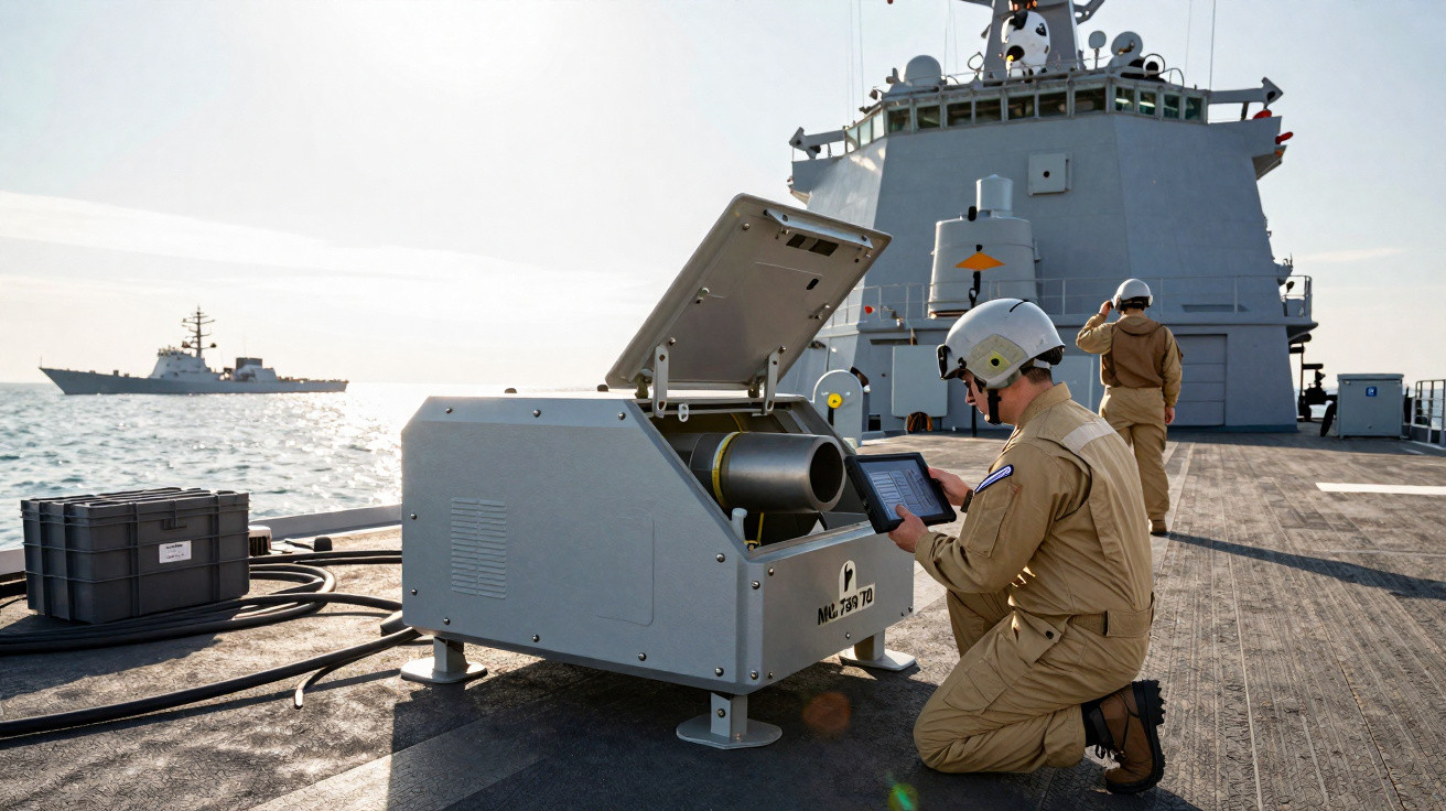 Militar operando sistema de lançamento de torpedo em navio de guerra no mar durante o dia.