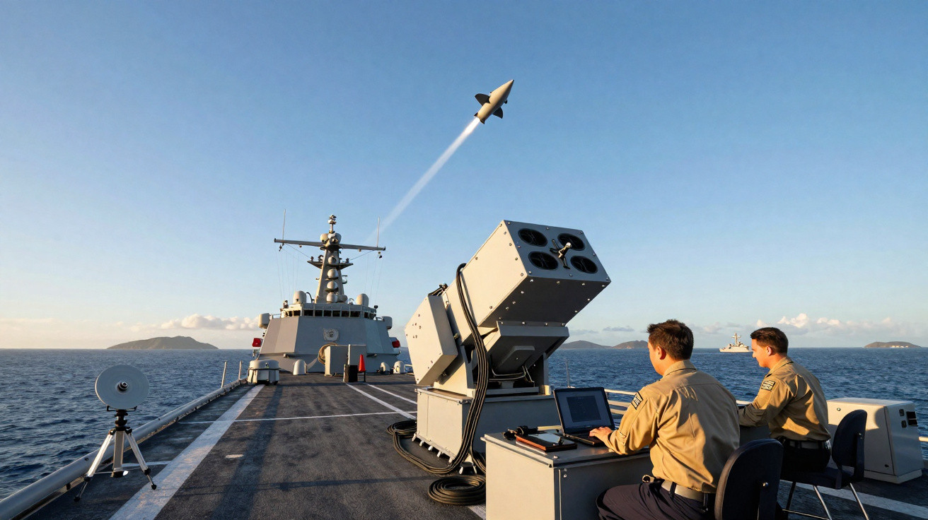 Navio militar lançando míssil com dois soldados operando computadores no convés sob céu claro.