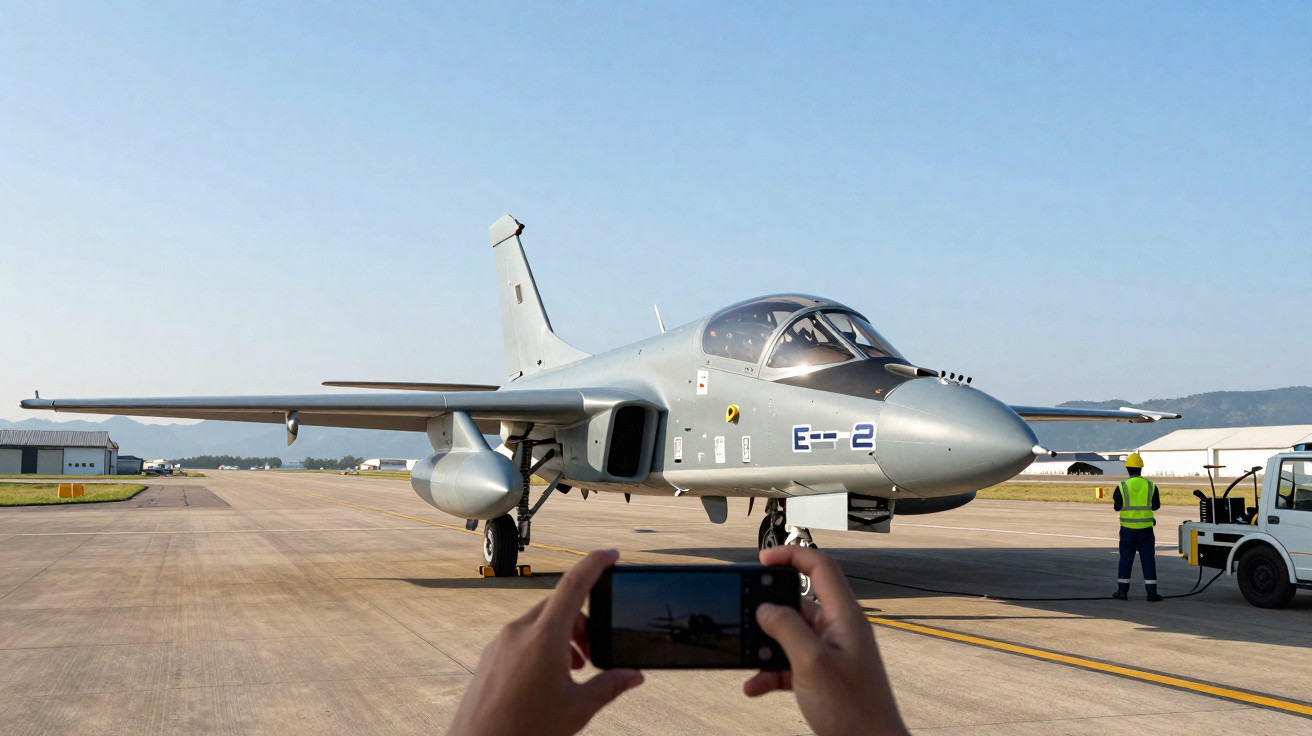 Avião militar cinza estacionado em pista com pessoa fotografando e técnico ao lado em aeroporto.