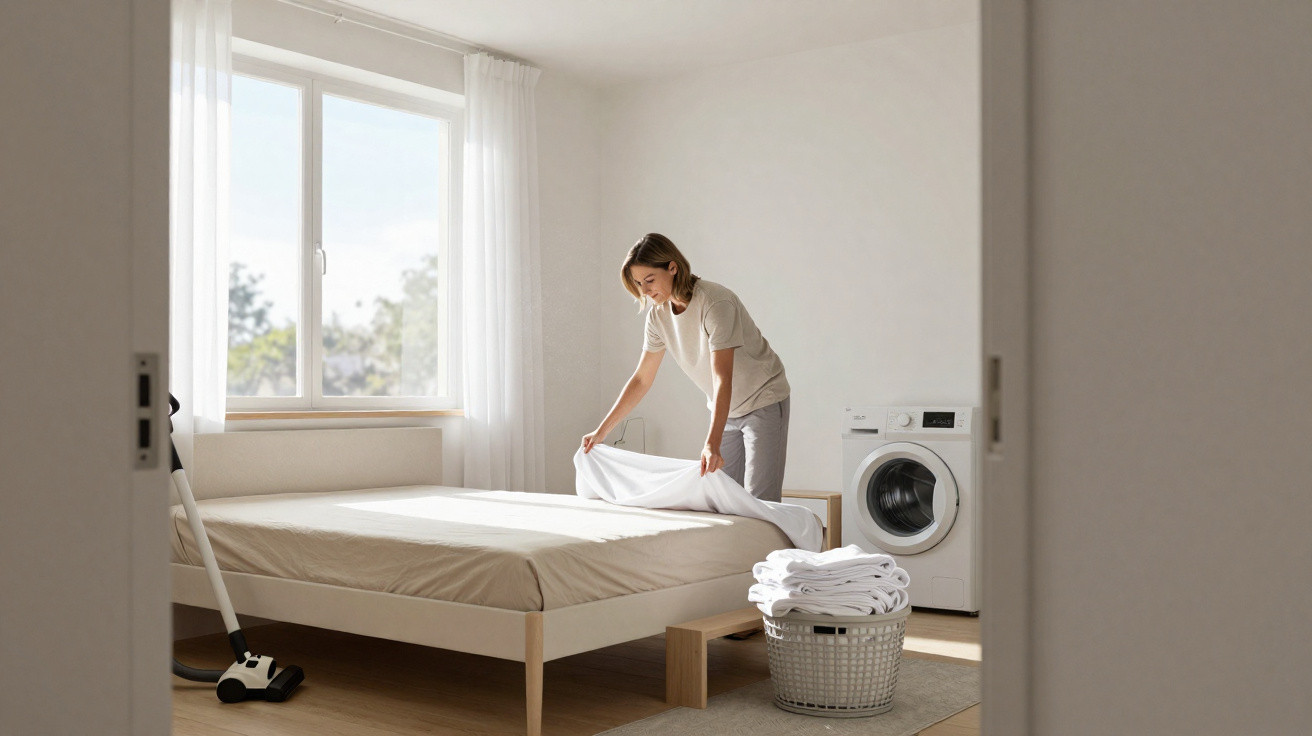 Mulher arrumando cama em quarto claro com janela grande, cesta de roupa branca e máquina de lavar.