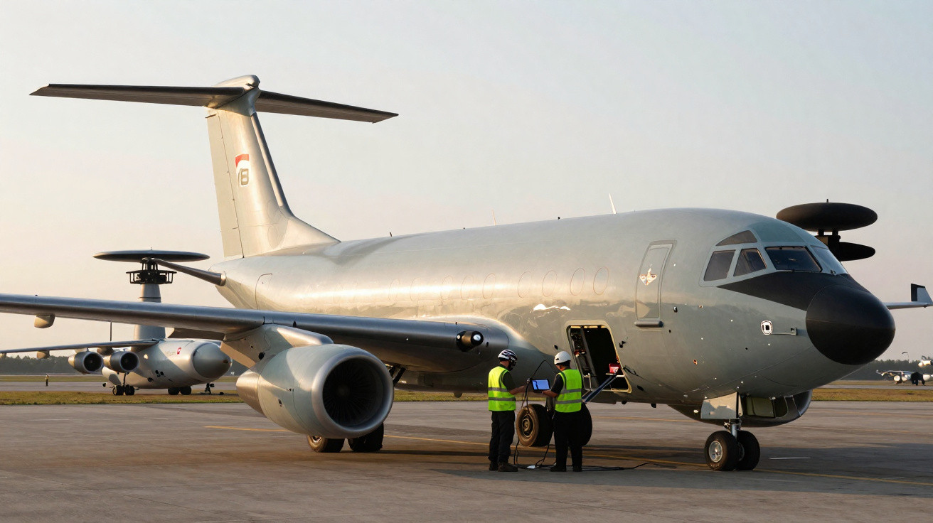 Aeronave militar estacionada no aeroporto com dois técnicos em coletes verdes conferindo equipamentos.
