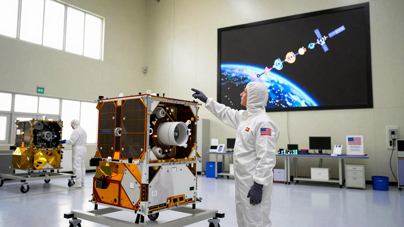 Técnico em roupa branca inspecionando equipamento espacial em sala de laboratório com tela mostrando satélites.