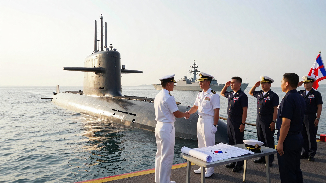 Oficiais navais em uniforme cumprimentam-se em doca ao lado de submarino e bandeira da Coreia do Sul.